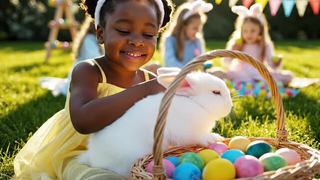 Young Black girl gently pets small white fluffy bunny on her lap. Colorful Easter eggs fill wicker basket nearby, girl participates in Easter egg hunt on green grass lawn.