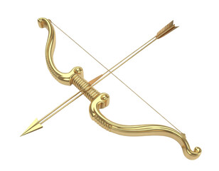 Stunning Golden Bow and Golden Arrow, an exquisite Archery weapon captured in a detailed 3D render on a clean White background.