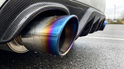 Close up of polished titanium exhaust with blue heat tint and droplets