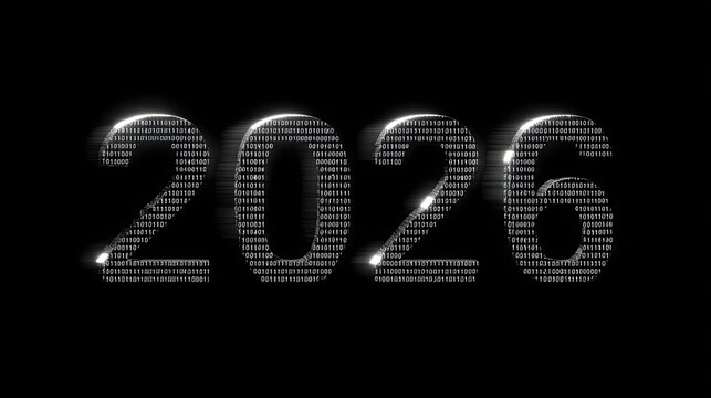 Digital representation of the year 2026 in binary code with a sleek and modern design, perfect for technology and futuristic themes.