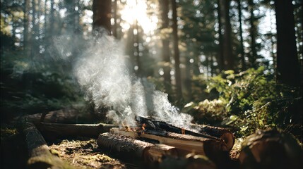 Forest Sunlight Illuminates Logs Emitting Smoke Amidst Green Foliage and Tall Trees in a Natural Outdoor Setting at Day