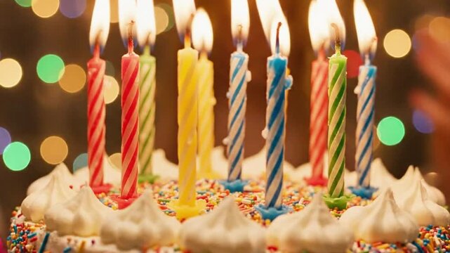 A cake with lit candles, flames flickering, Happy Birthday implied but no text.