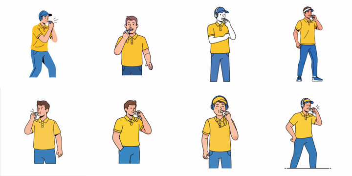 Diverse flat vector collection of male referees and coaches wearing yellow shirts and blowing a whistle to signal a game stop or start.