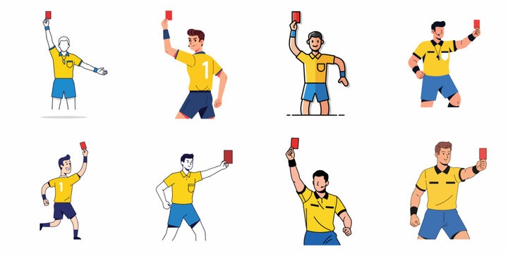 Vector illustrations set of football referees and a player showing the red card for disqualification or serious foul during a soccer match.