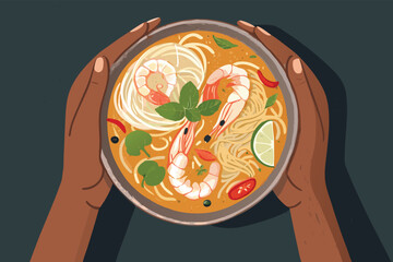 Top Down Hands Holding Laksa Bowl Illustra