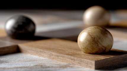 Three spheres on a wooden board. the board is made of light-colored wood and has a smooth surface.