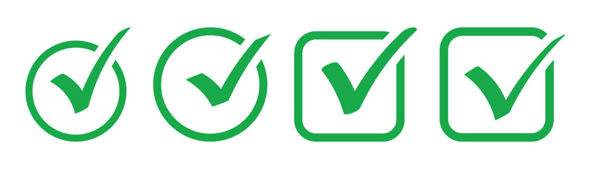 Set of green checkmark icon. Flat rounded right sign concept. Tick mark symbol on white background