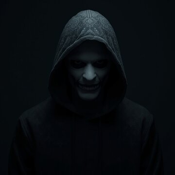 mystery man hooded character with scary face paint in shadows featuring cinematic lighting for halloween horror and digital security concept