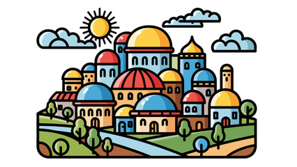 Naklejka premium Colorful Cartoon Cityscape with Domes and Sunlight