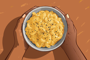 Top Down Hands Holding Mac Cheese Bowl