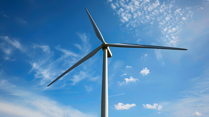 Wind turbines against blue sky generating clean electricity, symbolizing renewable energy adoption, sustainability, and climate-friendly power systems.