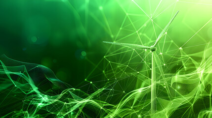 Digital illustration of wind turbine and data mesh on green background, representing renewable energy, sustainability, and smart power technology.