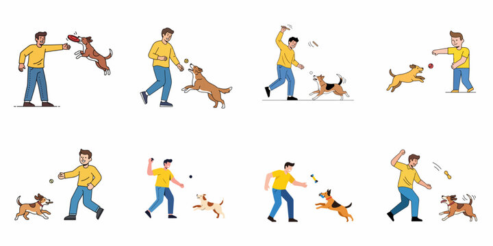 Collection of illustrations showing a happy man and his dog playing together, catching balls, frisbees, and sticks, demonstrating pet training and fun bonding moments.