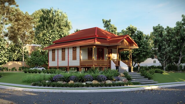 Modern Indonesian Traditional Stilt House, elevated on sturdy wooden pillars to protect against flooding and improve air circulation. Related to vernacular modernization, sustainable tropical living