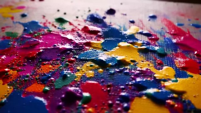 Splashes of bright paint on canvas create a colorful design during an art session in a cozy studio