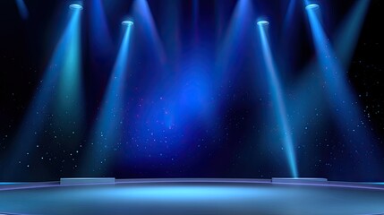 Elegant blue stage with dramatic lighting and starry background, ideal for performances, presentations, or theatrical events, creating a captivating atmosphere