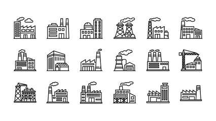 Obraz premium Collection of industrial factory buildings and manufacturing plants in line art style