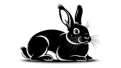 Obraz premium Black rabbit sitting on ground with long ears and whiskers isolated on white background