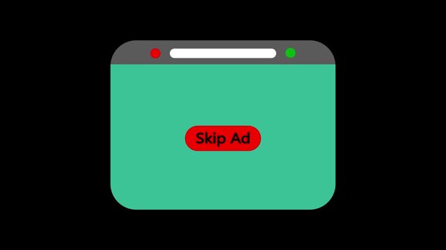 Animation of skip ad with red button animated on black background. Skip advertisement web concept on black screen. 4k video motion