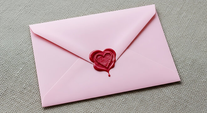 Sealed pink envelope with red heart wax seal