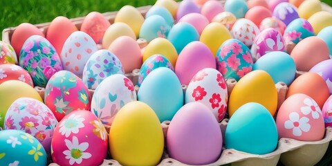 Colorful Easter eggs with bright patterns for holiday designs, banners and seasonal promotions