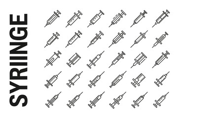 A set of black line icons depicting various medical syringe designs and types