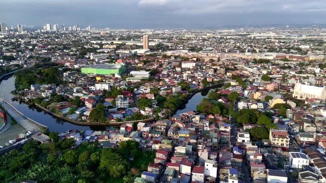 Tracking Shot of Houses and Landscape of Taguig in Metro Manila Philippines with a River Going Through the Area