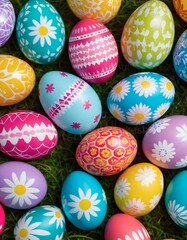 Colorful Easter eggs with bright patterns for holiday designs, banners and seasonal promotions