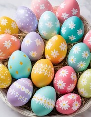 Colorful Easter eggs with bright patterns for holiday designs, banners and seasonal promotions