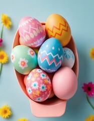 Colorful Easter eggs with bright patterns for holiday designs, banners and seasonal promotions