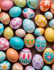 Colorful Easter eggs with bright patterns for holiday designs, banners and seasonal promotions