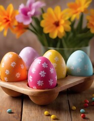 Colorful Easter eggs with bright patterns for holiday designs, banners and seasonal promotions