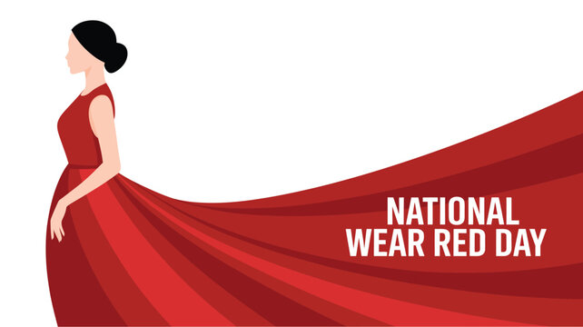  national wear red day illustration with elegant woman in flowing red dress, heart health awareness campaign design, women healthcare prevention and lifestyle concept