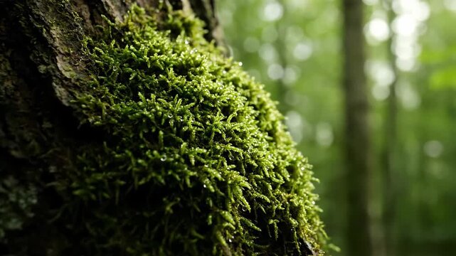 Vibrant green moss with water droplets on a tree trunk in a lush forest close-up