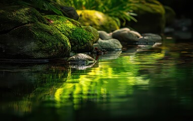Moss Covered Rock Reflection in Still Water Pond with Greenery and Pebbles Calm Serene Scenery Soft Natural Lighting with Bokeh