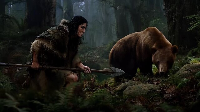 Hunter prepares to capture a bear in a dense forest during early morning light
