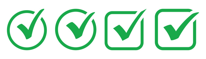 Green check box icon with correct, accept checkmark icons green tick box, check list circle frame. Checkbox symbol sign. Check mark box square frame vector illustration.
