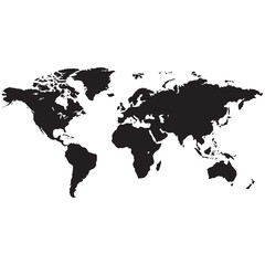 World in Black and White, features a high-contrast 2D silhouette of the world map. Related to minimalist cartography and global geography used graphic design, educational materials, corporate branding © DysOdyssey
