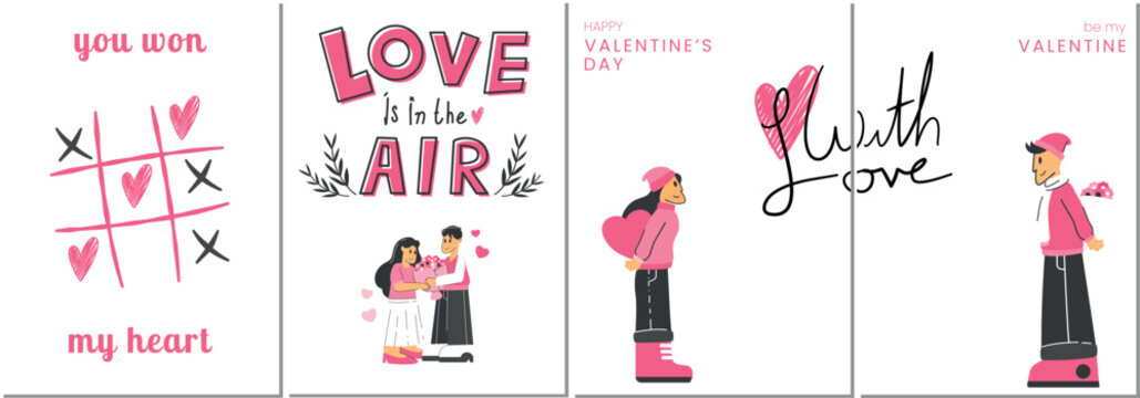 Love cover background valentine's day concept posters set. vector illustration. Hand written lettering decorative brush strokes, Cute retro coquette style for , wedding, and holiday design