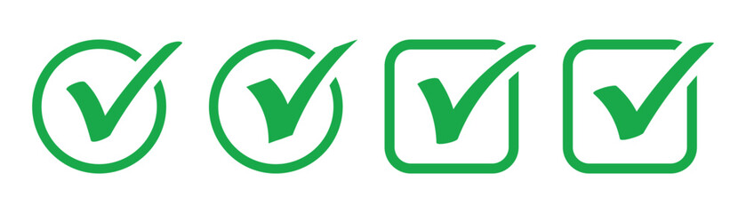 Green check box icon with correct, accept checkmark icons green tick box, check list circle frame. Checkbox symbol sign. Check mark box square frame vector illustration.