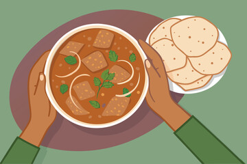 Top Down Hands Holding Roti Curry Bowl Ill