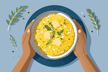 Top Down Hands Holding Saffron Risotto Bowl Vecto