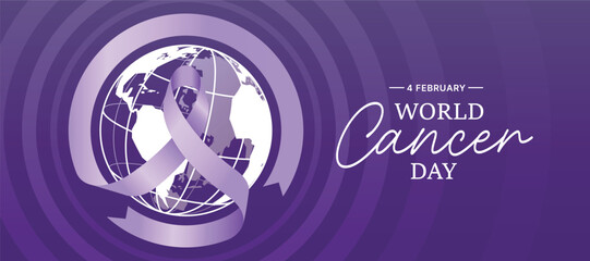 Fototapeta na wymiar World cancer day - Light purple ribbon sign on world globe with line roll circle around on purple background vector design