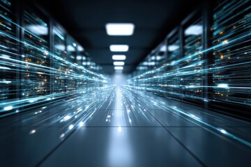 Server Room Data Flow With Illuminated Blue Cables and Dark Cabinets in Perspective