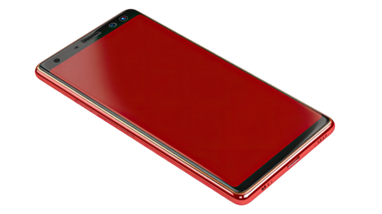 Modern red smartphone with full screen display sleek metallic frame contemporary mobile device isolated on white background