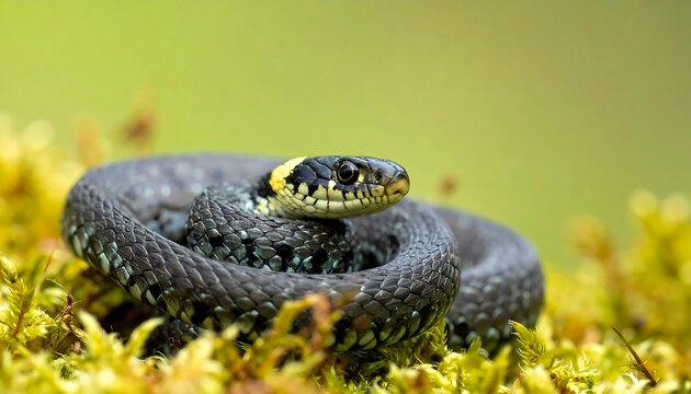 Focused Grass Snake Coiled on Moss in Natural Habitat.