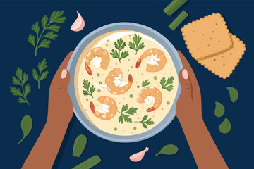 Top Down Hands Holding Seafood Chowder Bowl Vecto