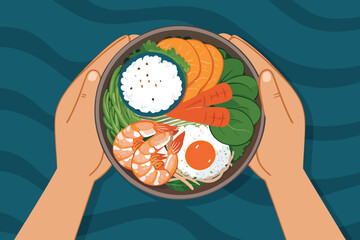 Top Down Hands Holding Seafood Bibimbap Bowl Vect