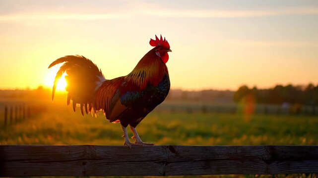 Colorful rooster crowing on a rustic wooden fence at sunrise in a rural farm setting