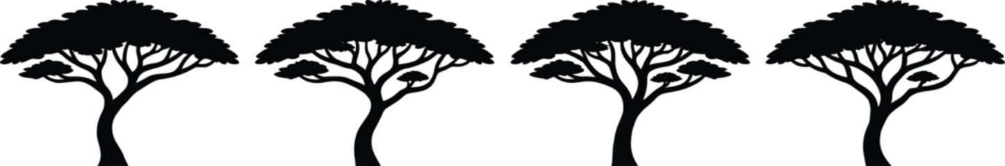 Set of acacia tree silhouettes in flat safari style, botanical vector illustration for African landscapes, wildlife themes, outdoor scenery, travel graphics, and nature inspired artwork. © Mst Jotsna
